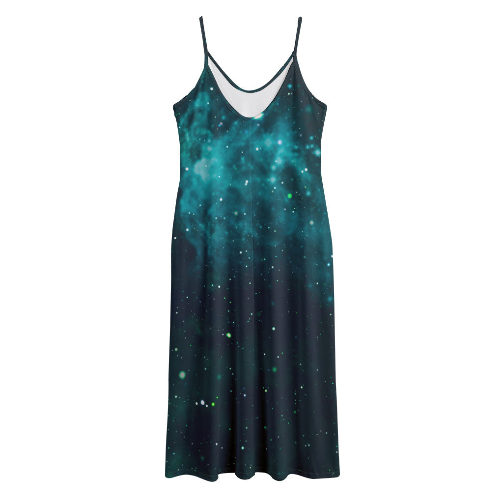 Dark Teal Galaxy Space Print Jersey Midi Cami Dress