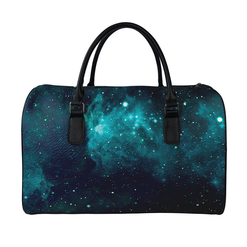 Dark Teal Galaxy Space Print Leather Duffle Bag
