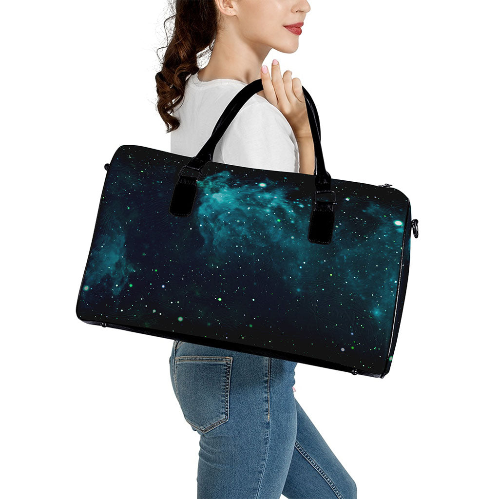 Dark Teal Galaxy Space Print Leather Duffle Bag