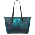 Dark Teal Galaxy Space Print Leather Tote Bag With Zipper