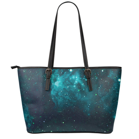 Dark Teal Galaxy Space Print Leather Tote Bag