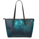 Dark Teal Galaxy Space Print Leather Tote Bag