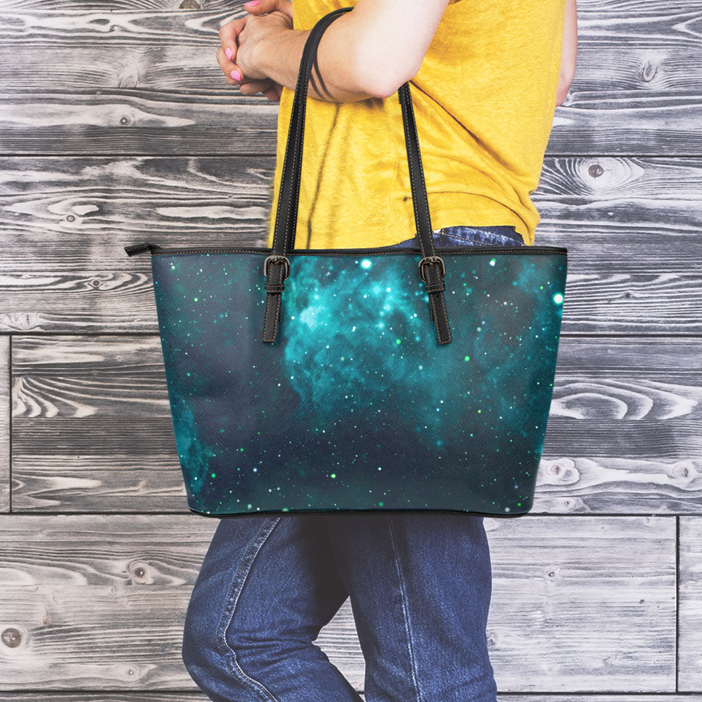 Dark Teal Galaxy Space Print Leather Tote Bag