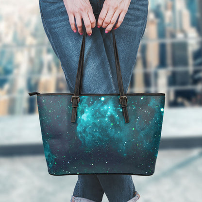 Dark Teal Galaxy Space Print Leather Tote Bag