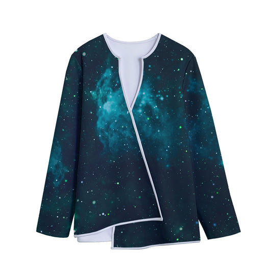 Dark Teal Galaxy Space Print Long Sleeve Short Coat