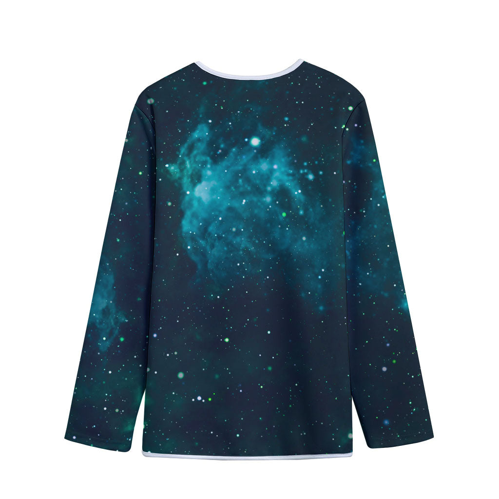 Dark Teal Galaxy Space Print Long Sleeve Short Coat