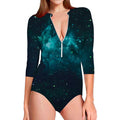 Dark Teal Galaxy Space Print Long Sleeve Swimsuit