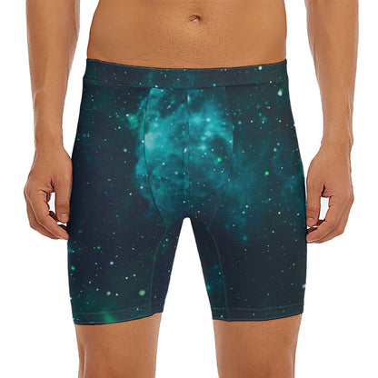 Dark Teal Galaxy Space Print Men's Long Boxer Briefs