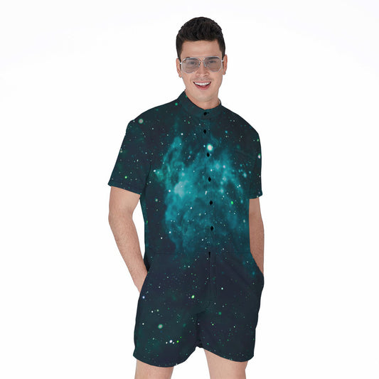 Dark Teal Galaxy Space Print Men's Rompers