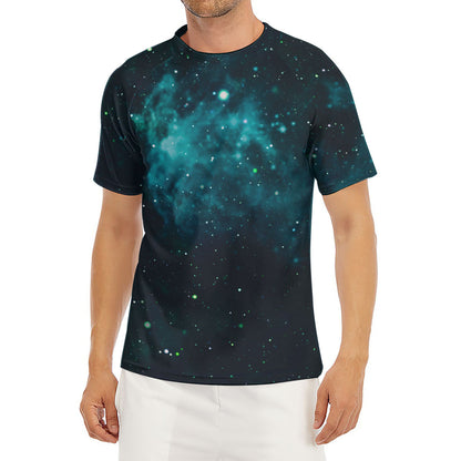 Dark Teal Galaxy Space Print Men's Short Sleeve Rash Guard
