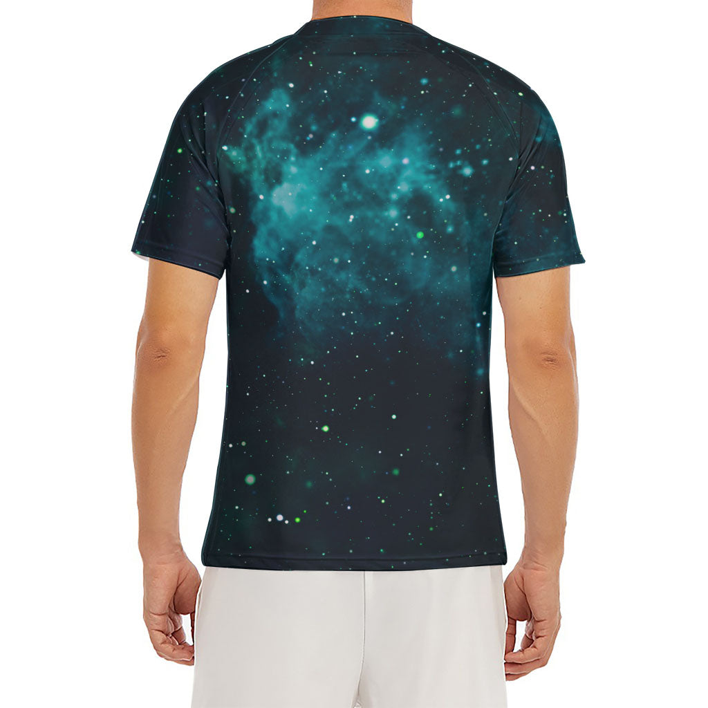 Dark Teal Galaxy Space Print Men's Short Sleeve Rash Guard