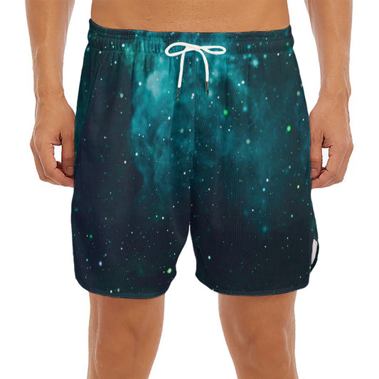 Dark Teal Galaxy Space Print Men's Split Running Shorts
