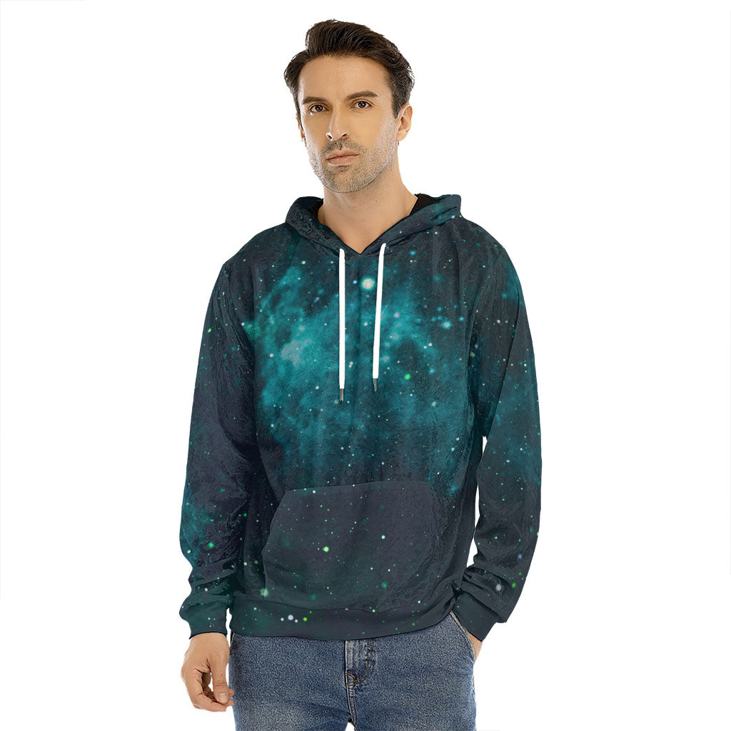 Dark Teal Galaxy Space Print Men's Velvet Pullover Hoodie