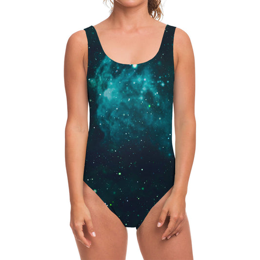 Dark Teal Galaxy Space Print One Piece Swimsuit