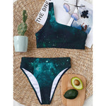 Dark Teal Galaxy Space Print One Shoulder Bikini Top