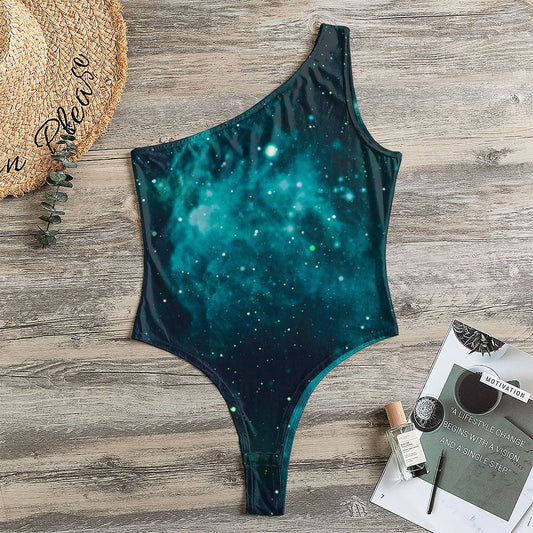 Dark Teal Galaxy Space Print One Shoulder Bodysuit