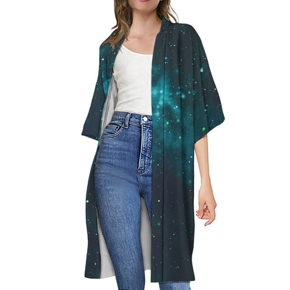 Dark Teal Galaxy Space Print Open Front Beach Cover Up