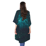 Dark Teal Galaxy Space Print Open Front Beach Cover Up