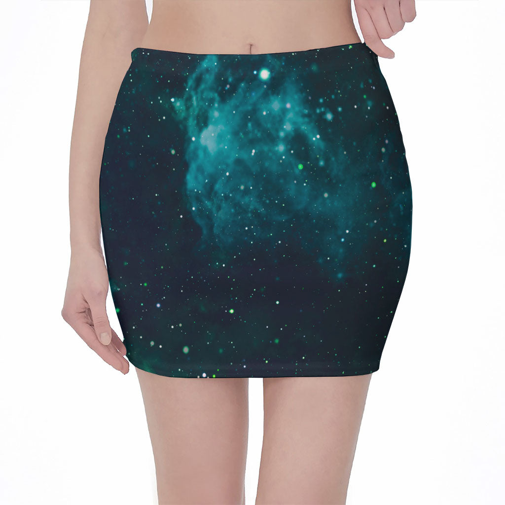Dark Teal Galaxy Space Print Pencil Mini Skirt