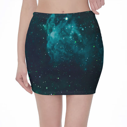 Dark Teal Galaxy Space Print Pencil Mini Skirt
