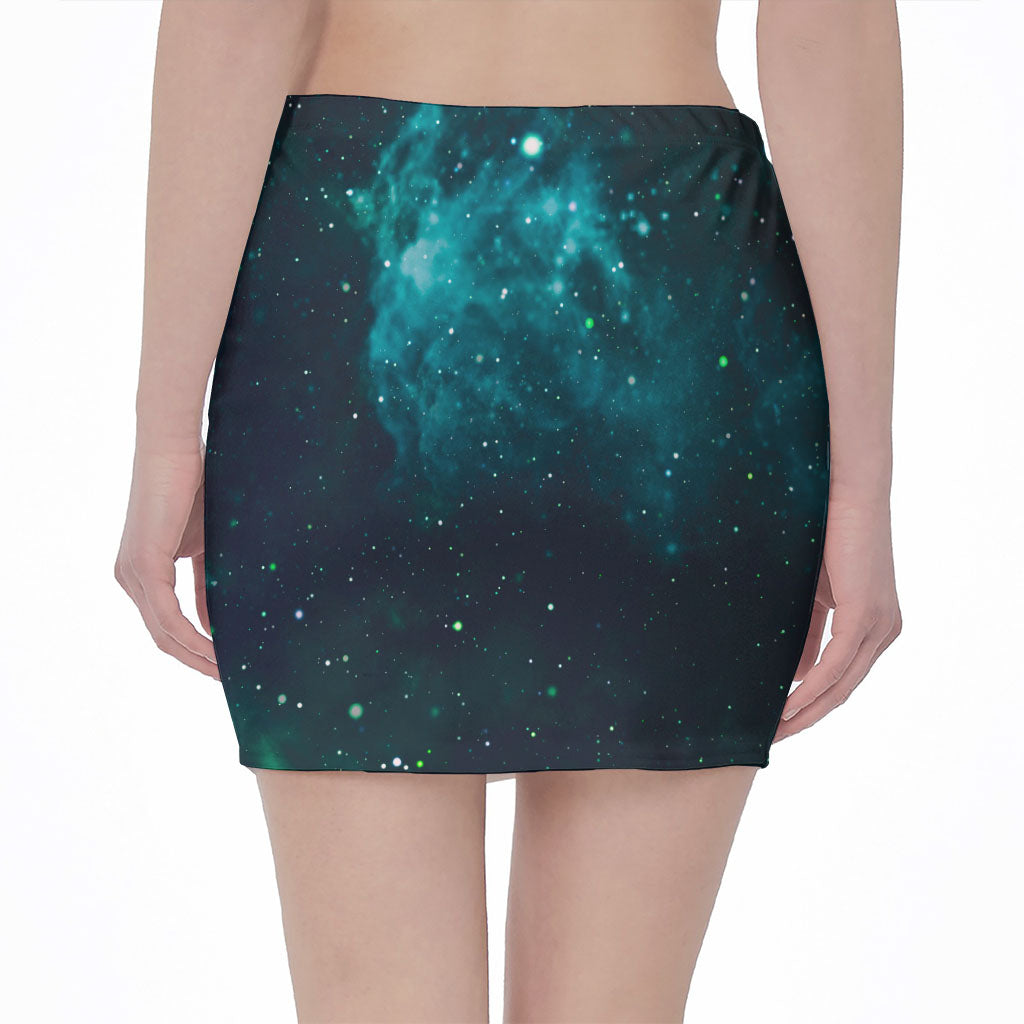 Dark Teal Galaxy Space Print Pencil Mini Skirt