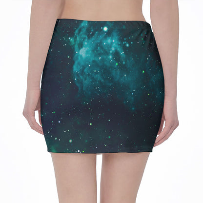 Dark Teal Galaxy Space Print Pencil Mini Skirt