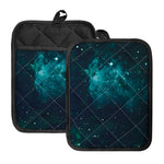 Dark Teal Galaxy Space Print Pot Holders With Pocket