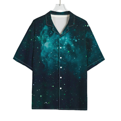 Dark Teal Galaxy Space Print Rayon Hawaiian Shirt