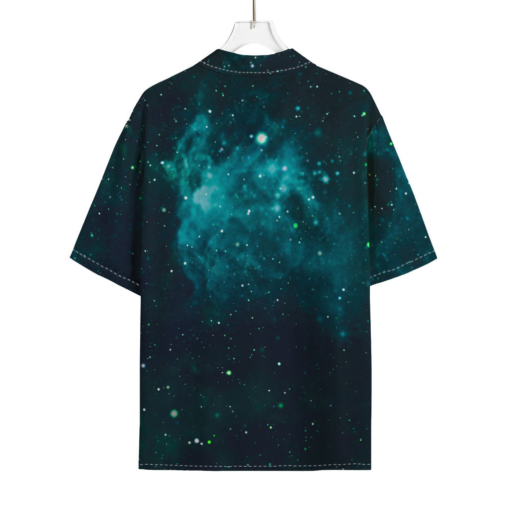 Dark Teal Galaxy Space Print Rayon Hawaiian Shirt