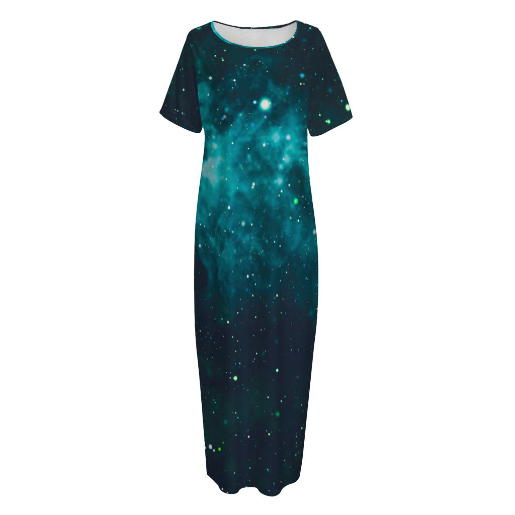 Dark Teal Galaxy Space Print Short Sleeve Long Nightdress
