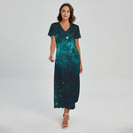 Dark Teal Galaxy Space Print Short Sleeve Maxi Dress