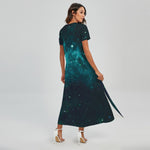 Dark Teal Galaxy Space Print Short Sleeve Maxi Dress