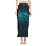 Dark Teal Galaxy Space Print Side Slit Maxi Skirt