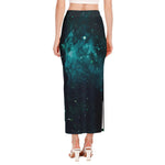 Dark Teal Galaxy Space Print Side Slit Maxi Skirt