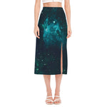 Dark Teal Galaxy Space Print Side Slit Midi Skirt