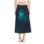 Dark Teal Galaxy Space Print Side Slit Midi Skirt