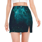 Dark Teal Galaxy Space Print Side Slit Mini Skirt