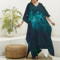 Dark Teal Galaxy Space Print Silk V-Neck Kaftan Dress