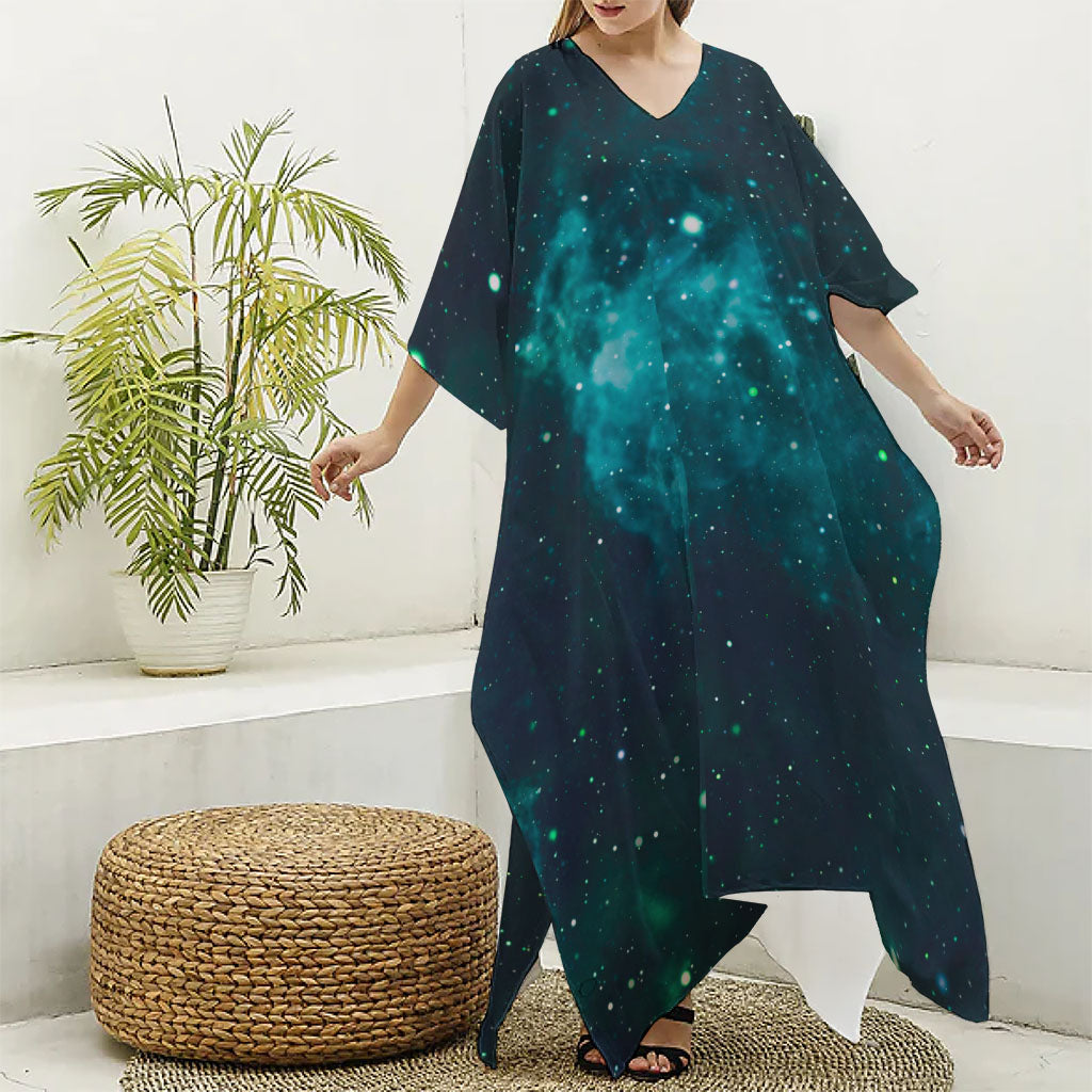 Dark Teal Galaxy Space Print Silk V-Neck Kaftan Dress