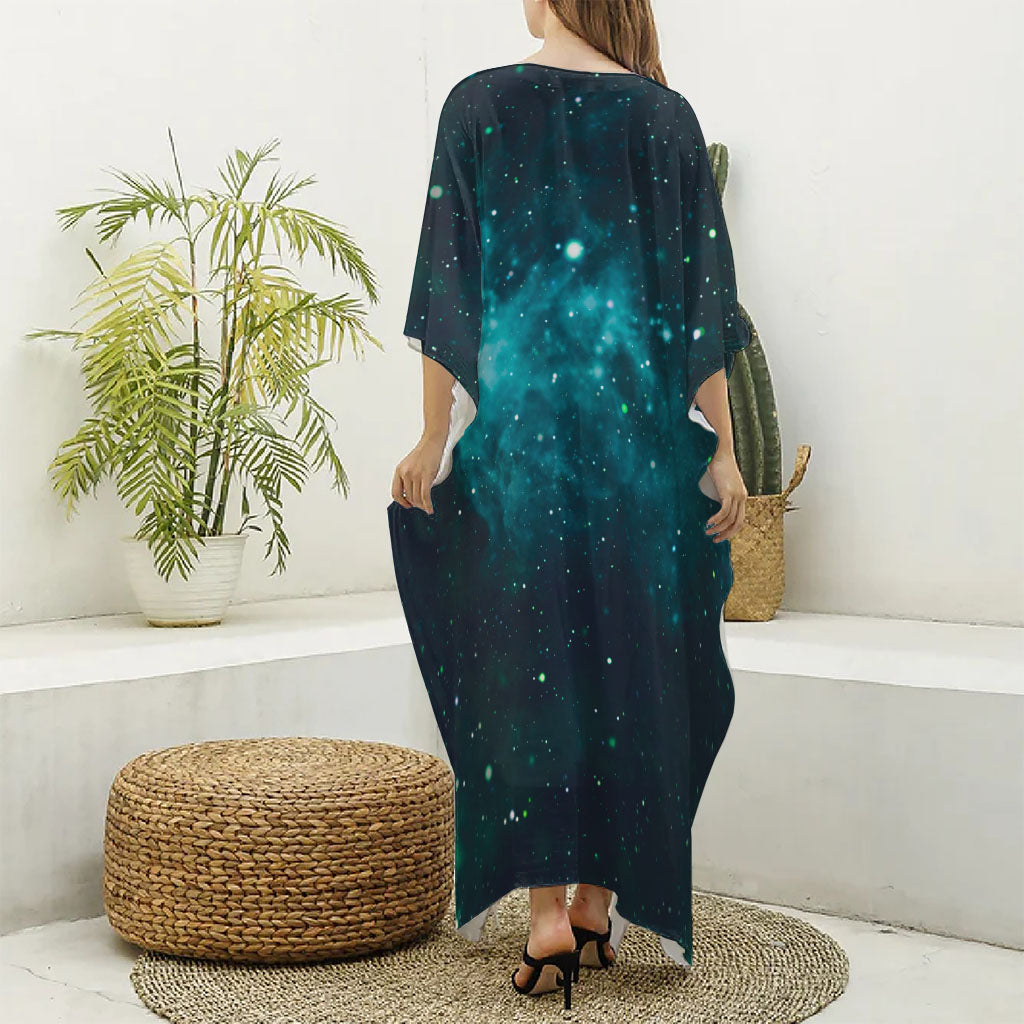 Dark Teal Galaxy Space Print Silk V-Neck Kaftan Dress