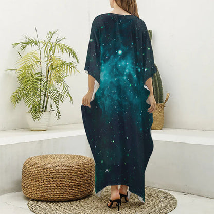Dark Teal Galaxy Space Print Silk V-Neck Kaftan Dress