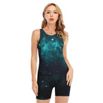 Dark Teal Galaxy Space Print Sleeveless One Piece Swimsuit