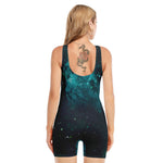 Dark Teal Galaxy Space Print Sleeveless One Piece Swimsuit