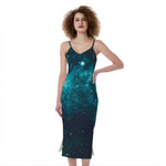 Dark Teal Galaxy Space Print Slim Fit Midi Cami Dress