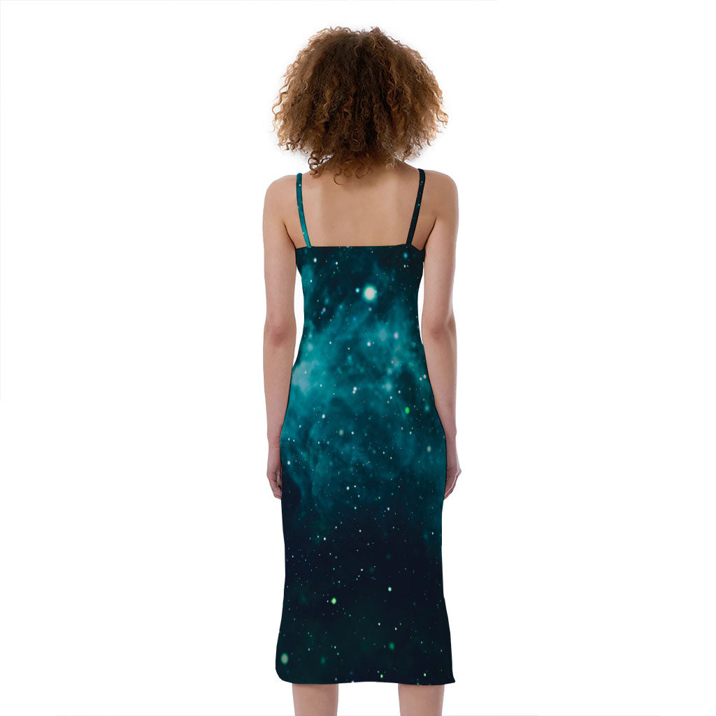 Dark Teal Galaxy Space Print Slim Fit Midi Cami Dress