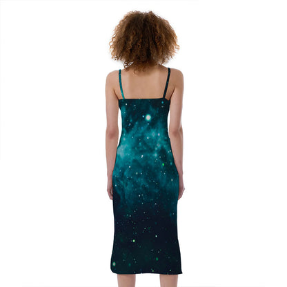 Dark Teal Galaxy Space Print Slim Fit Midi Cami Dress