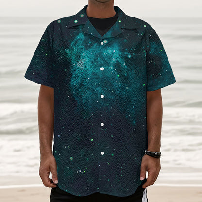 Dark Teal Galaxy Space Print Textured Short Sleeve Shirt