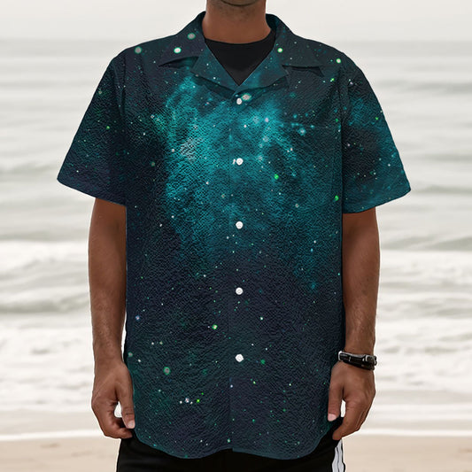 Dark Teal Galaxy Space Print Textured Short Sleeve Shirt