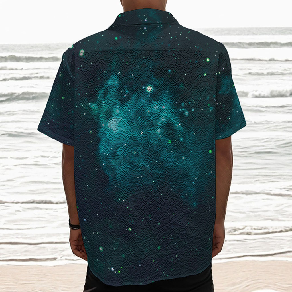 Dark Teal Galaxy Space Print Textured Short Sleeve Shirt