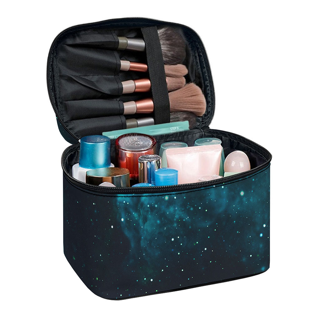 Dark Teal Galaxy Space Print Travel Makeup Bag